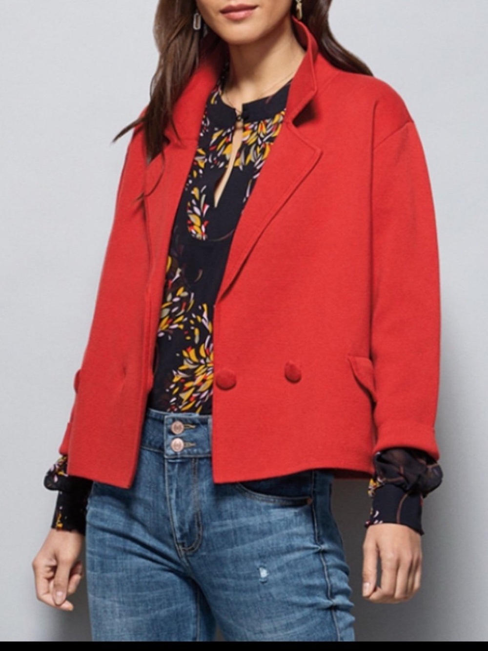 CAbi Knit Blazer Red Double Breasted Medium Jacket Shacket Coronation Cardigan